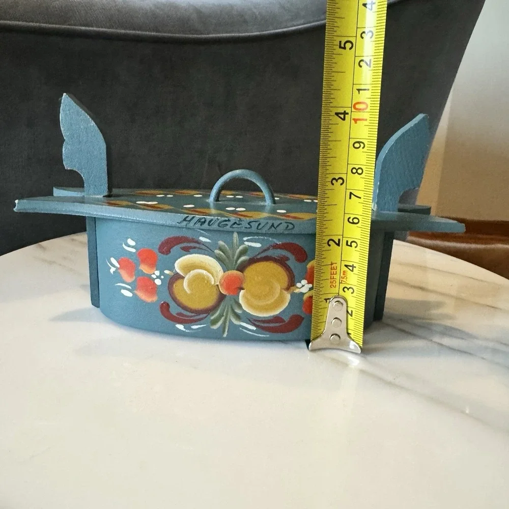 Norweigen Rosemaling Design Bent Wood Box Handpainted Blue Unique Norway 7.25